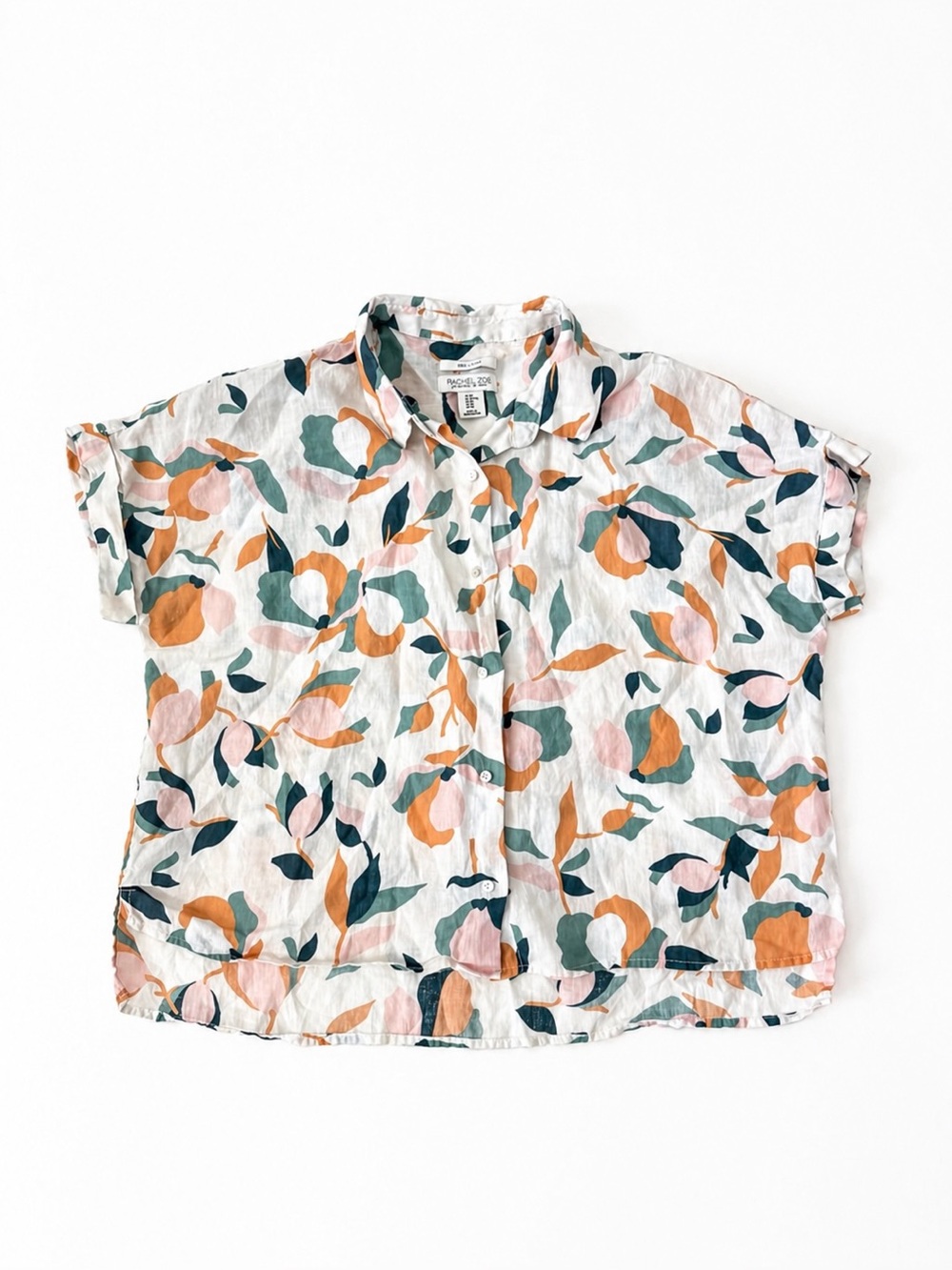 Rachel Zoe 100% Linen Button Shirt Floral Print Blouse M Beach coastal